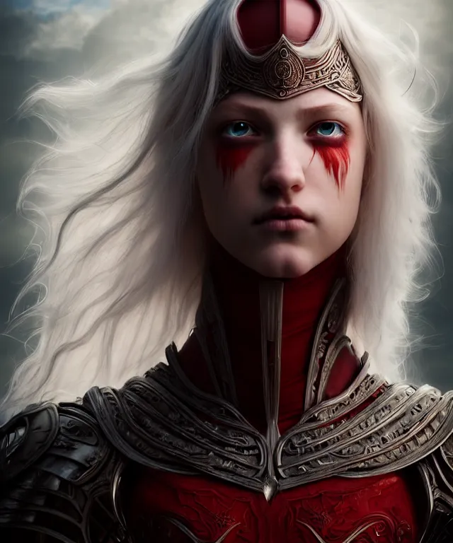 Image similar to hyperrealistic mixed media painting of a beautiful young female battlemage, stunning 3d render inspired art by P. Craig Russell and Barry Windsor-Smith + perfect facial symmetry + dim volumetric lighting, long flowing white hair, pale skin, ornate crimson gothic armor, dizzy, full body, confident heroic pose, 8k octane beautifully detailed render, post-processing, extremely hyperdetailed, intricate, epic composition, grim yet sparkling atmosphere, cinematic lighting + masterpiece, trending on artstation, very very detailed, masterpiece, stunning