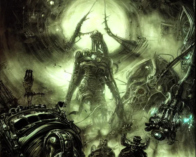 Image similar to lost in cyberspace with servitors chasing me, dim lighting, royo, giger, frazetta, whealan,