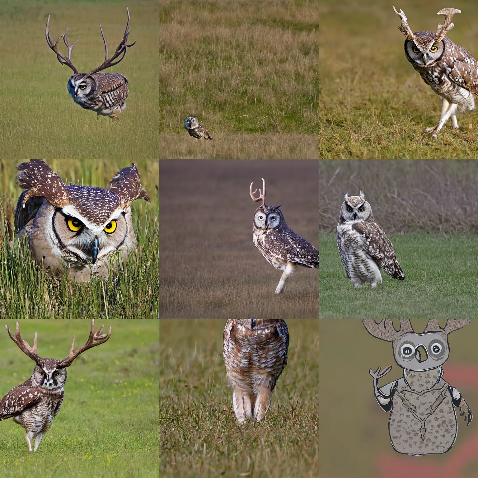 Prompt: owl with antlers, body of a deer, short antlers, nat geo, national geographic, photo, nature photography, f16, telephoto zoom, 100mm, wide shot, walking on grass, grazing