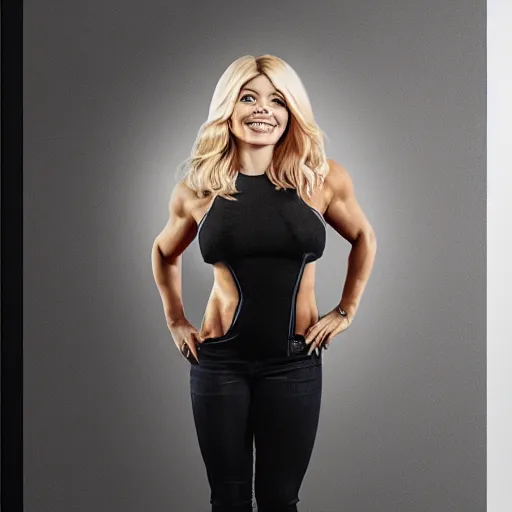 Image similar to holly Willoughby with the physique of a body builder, hyper realistic, ultra detailed, cinematic, dynamic lighting, photorealistic, refined, intricate, digital art, digital painting, masterpiece, 8k