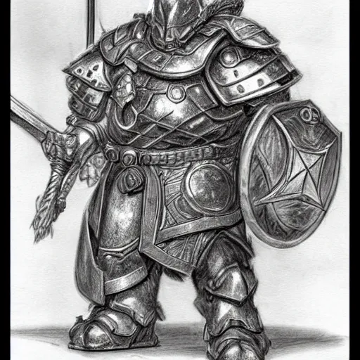 Image similar to ultra-detailed pencil sketch of a heavily armored dungeons and dragons, DnD dwarf warrior with lots of weapons and equipment by Wayne Reynolds, by Richard Whitters