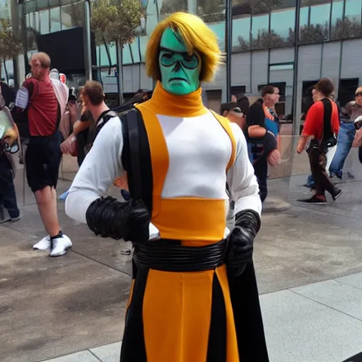 Prompt: man poorly cosplaying bender, comic con photograph