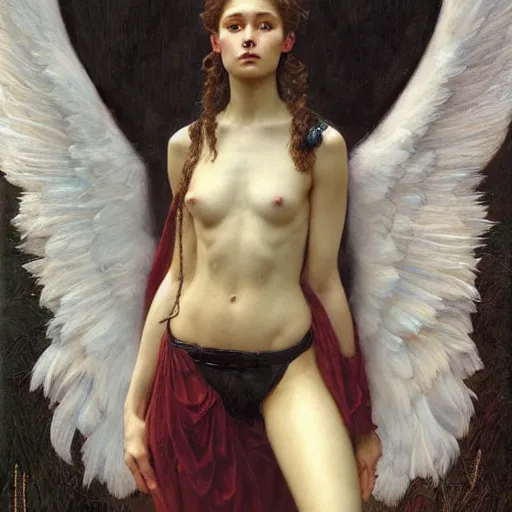 Image similar to epic masterpiece full body portrait a beautiful female angel, flawless skin, perfect body, by Edgar Maxence and Ross Tran and Michael Whelan