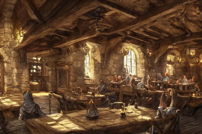 Prompt: A medieval tavern viewed from the inside, texture, intricate, details, highly detailed, masterpiece, architecture, building, trending on artstation, focus, sharp focus, concept art, digital painting, fantasy, sunny, day, midday