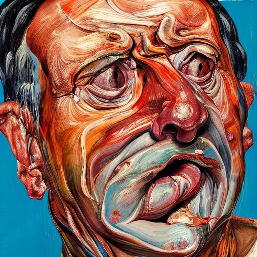 Image similar to high quality high detail painting of a man in agony by lucian freud and jenny saville and francis bacon, hd, anxiety, turquoise and orange