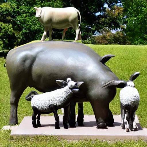 Prompt: statue of a pig, a cow, a horse, a chicken and a sheep