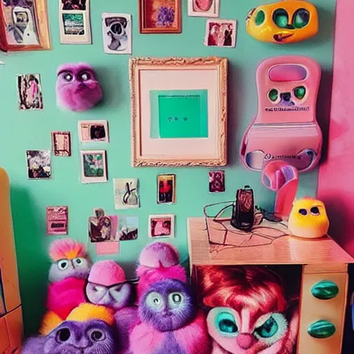 Prompt: “ nostalgic 9 0 s bedroom colorful aesthetic, 9 0 s photo, furbies, realistic ”