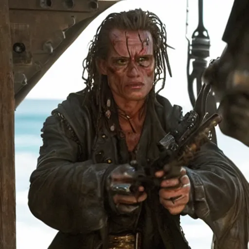 Prompt: A still of The Terminator in Pirate's of the Caribbean movie