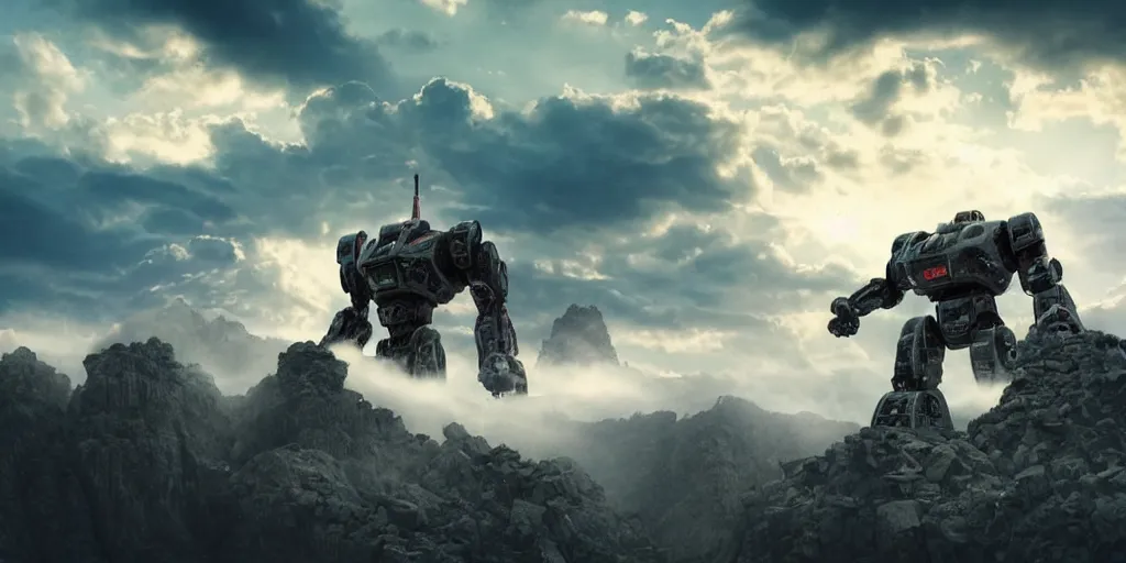 Prompt: amazing photo of a giant ancient robot of doom rising up out of a mountain sending rubble and rocks tumbling down it sides, clouds of dust and rock kick up into the air and spread across into the nearby city , epic scale , unimaginable power and wonder, awe, cinematic, high detail design robot ancient