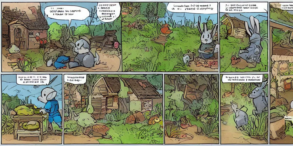 Image similar to antromorphic rabbit and cat dressed in cottagecore living in a cottage, the rabbit has a vegetable garden and the cat is fixing the roof, comic book art style, pictures in sequence, storyboarding, speech bubbles