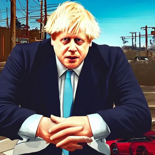 Prompt: Boris Johnson in GTA 5, cover art by Stephen Bliss, boxart, loading screen