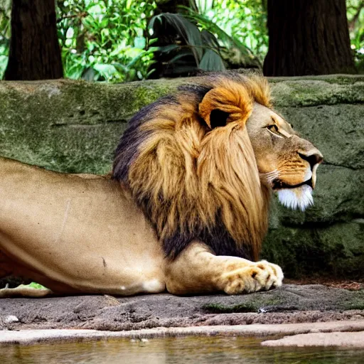 Image similar to lion roaring at the zoo wearing a hat