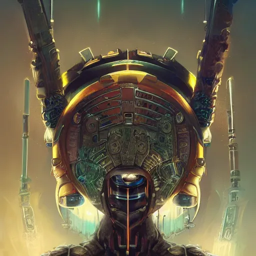 Prompt: a portrait of a cybernetic chieftain - jackal with ultradetailed aztec - headdress and cyber - eyes by peter mohrbacher and emmanuel shiu and martin johnson heade and bastien lecouffe - deharme, rim light photography