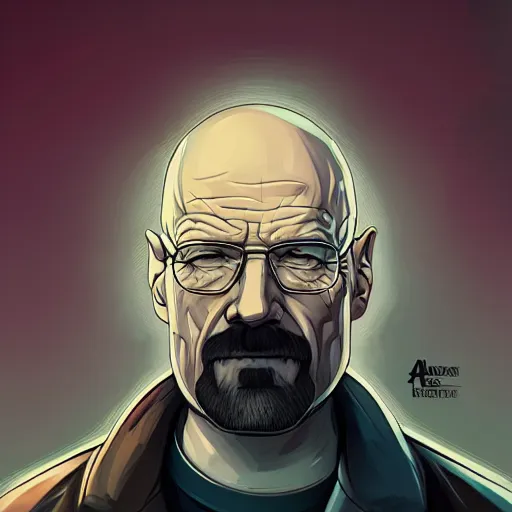 Image similar to high quality, walter white, portrait, cyberpunk colors, neotrad, lois van baarle, moebius, league of legend, arcane style