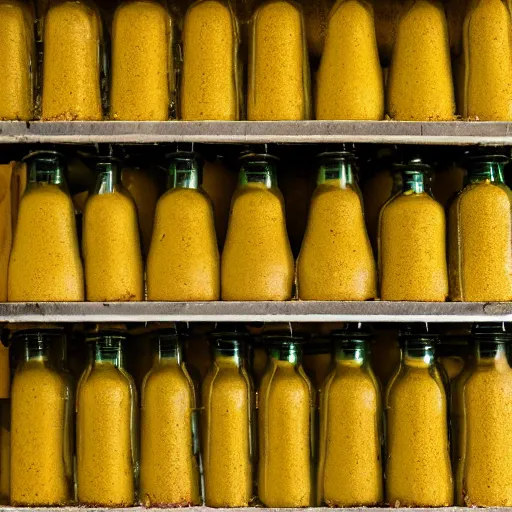 Prompt: a dirty garage full of piles of mustard bottles