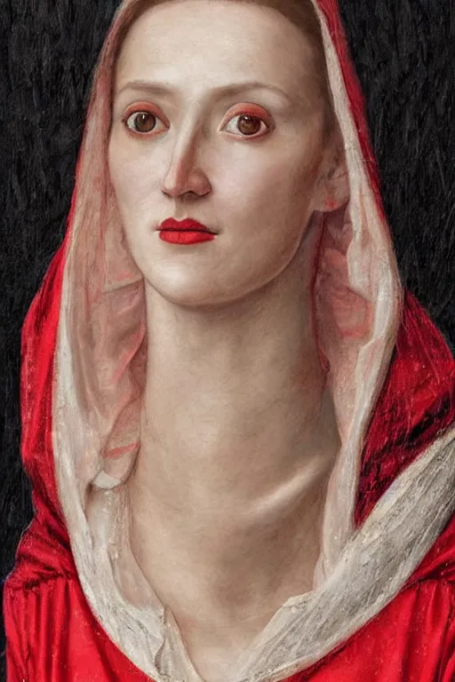 Prompt: hyper - realistic close - up portrait of a medieval woman merged with red paint, pale skin, dressed in a silver silk robe, classicism style