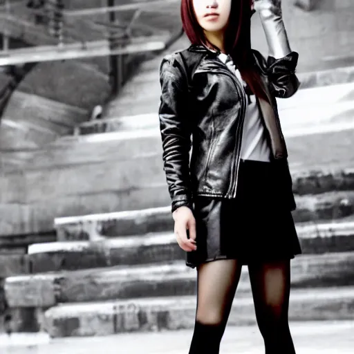 Image similar to an epic cinematic 8K HD movie shot of a japanese young J-Pop idol girl wearing leather jacket, miniskirt, nylon tights and high heels boots. Inspirational arthouse