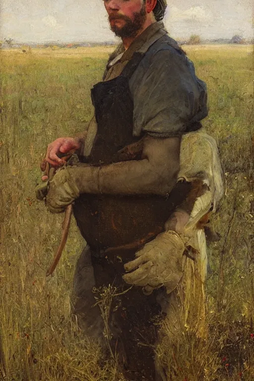 Prompt: Solomon Joseph Solomon and Richard Schmid and Jeremy Lipking victorian genre painting full length portrait painting of a young farmer working in the field, red background