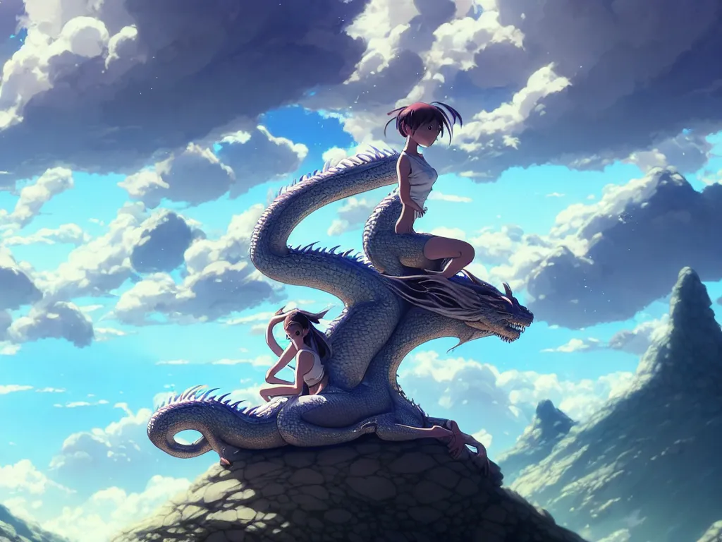 Image similar to a vast scene, panorama distant view, hyper detailed scene render of a beautiful girl sit on a huge silver dragon back, in the white clouds fairyland, animation portrait concept art, style of makoto shinkai, xision, james jean and peter mohrbacher, studio ghibli, artgerm, karol bak, beeple, 4 k hd, animation style