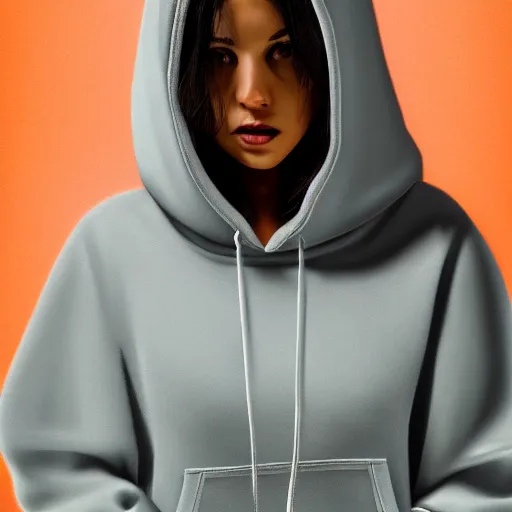 Prompt: highly detailed digital romantic painted portrait of a beautiful woman wearing a hoodie. moody and melanchony. sharp lighting. has a bit of cyan and pink.