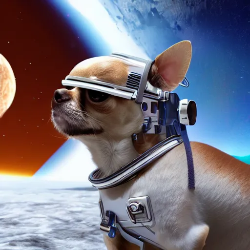 Image similar to Chihuahua cyborg on the moon, space base, mechanical, celestial background, octane, 4k, hyper realism, sharp focus