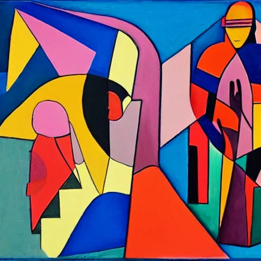 Prompt: woman calls up the ancestors to lead a path to reconciliation, abstract art in the style of cubism and georgia o keefe,
