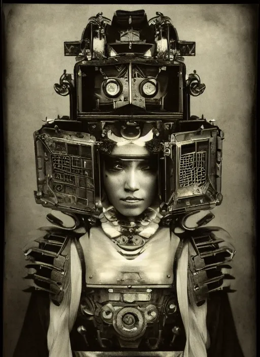 Image similar to old wetplate daguerreotype frame portrait of a futuristic silver armored geisha district 9 cyborg with computer mainframe screens, fractal, intricate, elegant, highly detailed, subsurface scattering, by jheronimus bosch and greg rutkowski and louis jacques mande daguerre