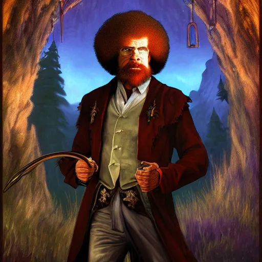 Image similar to a portrait of a Bob Ross as a warlock ,Grim fantasy, D&D, HDR, natural light, shoulder level shot, dynamic pose, award winning photograph, Mucha style 4k,