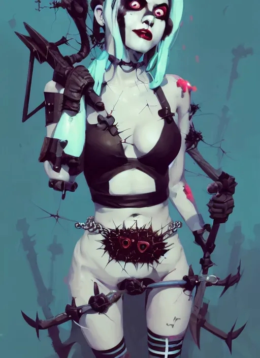 Image similar to portrait of cute goth harley quinn girl with crown of thorns in bikini armor, warhammer, cyberpunk, by atey ghailan, by greg rutkowski, by greg tocchini, by james gilleard, by joe gb fenton, by kaethe butcher, dynamic lighting, gradient light blue, brown, blonde cream and white color in scheme, grunge aesthetic