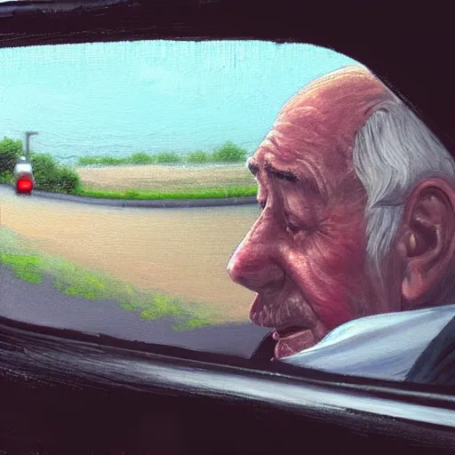 Prompt: a close up view of an old man crying in the rearview mirror, faux-naif painting by Misaki Kawai, textured oil painting
