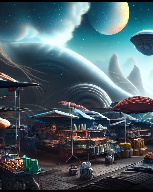 Image similar to a market stall on an alien planet. sci - fi. strange. detailed. meticulously rendered. hyperdetailed. trending on artstation. imax. deviant art. epic sky. astrophotography.