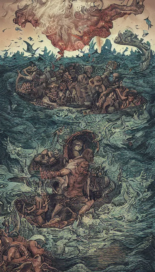 Prompt: man on boat crossing a body of water in hell with creatures in the water, sea of souls, by david eichenberg