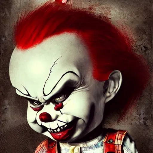Prompt: grunge cartoon portrait sketch of chucky with a wide smile and a red balloon by - michal karcz, loony toons style, pennywise style, mona lisa style, horror theme, detailed, elegant, intricate