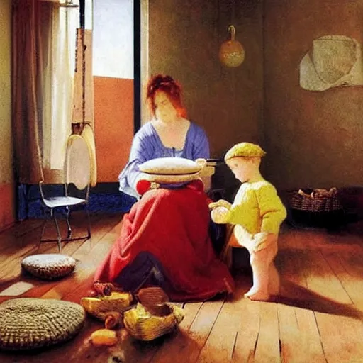 Image similar to A beautiful performance art harmony of colors, simple but powerful composition. A scene of peaceful domesticity, with a mother and child in the center, surrounded by a few simple objects. Colors are muted and calming, serenity and calm. ensō, scarlet by Ilya Repin, by Ron Mueck harrowing