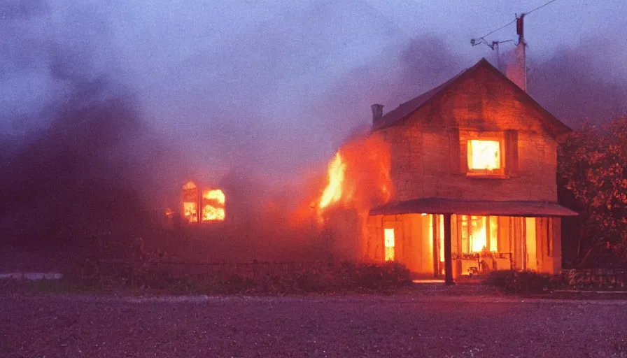 Image similar to 1 9 7 0 s movie still of a heavy burning french style little house by night in autumn, in a small northern french village, sony mini dv camera, heavy grain, high quality, high detail, dramatic light, anamorphic, flares