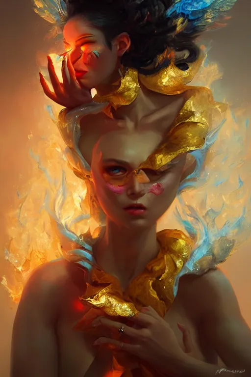 Image similar to beautiful princess with face covered with fire, diamonds, angel, fantasy, yellow background beam, dramatic lighting, highly detailed, digital painting, magic the gathering, 3 d render, hyper realistic detailed portrait, peter mohrbacher, wlop, ruan jia