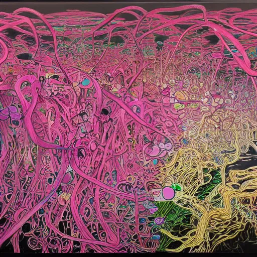 Image similar to Pink Vines by Takashi Murakami, Jean-Michel Basquiat, H.R. Giger, David Choe and Zdzisław Beksiński, incredibly intricately detailed artwork, oil on canvas