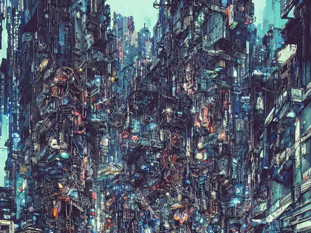 Image similar to a cyberpunk gang in the alleyway of a lofty city, gritty, cyberpunk ads, piping, cables, art deco architecture, graffiti, fine detail, intricate, polished, blue color scheme, digital art, illustration, by john smith and noriyoshi ohrai and tsutomu nihei