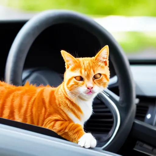 Prompt: an anthropomorphic orange tabby cat driving a car, his paws are on the steering wheel