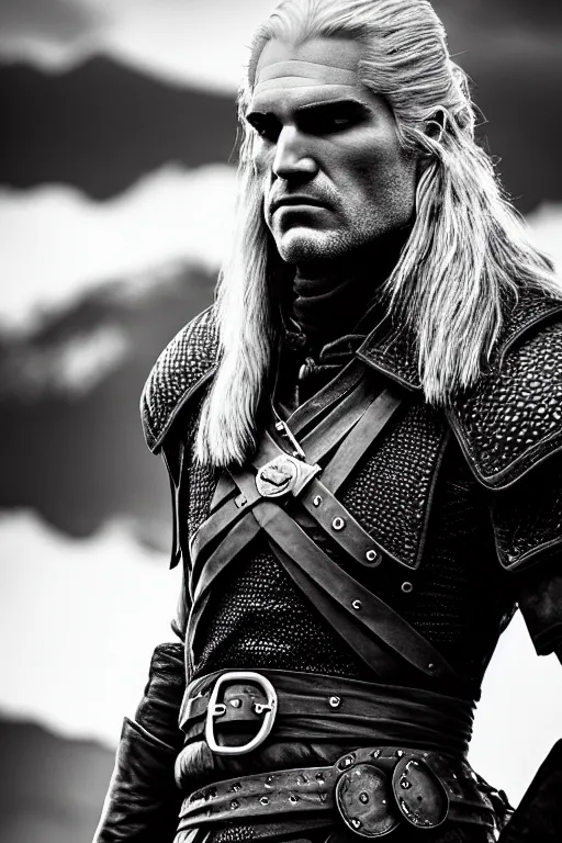 Image similar to 3 / 4 profile picture of geralt of rivia, 5 5 mm lens, professional photograph, black and white, times magazine, serious