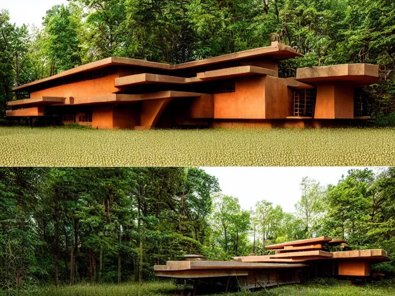 Prompt: hyperrealism design by frank lloyd wright and kenzo tange photography of beautiful detailed small house with many details around the forest in small detailed ukrainian village depicted by taras shevchenko and wes anderson and caravaggio, wheat field behind the house, volumetric natural light