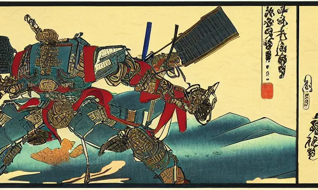 Prompt: samurai mech in feudal japan, in the style of Utagawa Kuniyoshi, classical japanese art, sci-fi illustrations, mechwarrior, battletech, gundam, highly detailed, intricate, award-winning, mecha, japanese, dark, gritty, beautiful colors, ink and watercolor