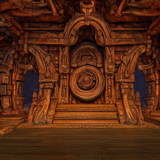 Prompt: Photorealistic magic elven temple made of rustic woodwork. Hyperdetailed photorealism, 108 megapixels, amazing depth, glowing rich colors, powerful imagery, psychedelic Overtones, 3D finalrender, 3d shading, artstation concept art