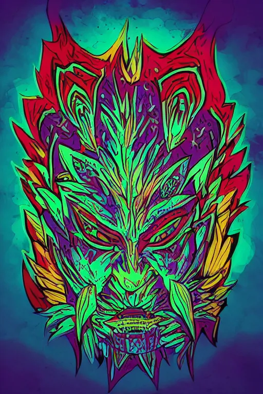 Image similar to animal mask totem roots flower tribal feather gemstone plant wood rock shaman vodoo video game vector cutout illustration vivid multicolor borderlands comics by josan gonzales and dan mumford radiating a glowing aura