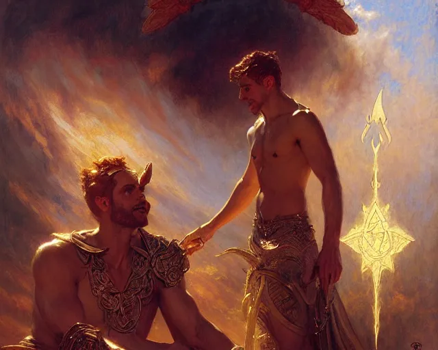 Image similar to attractive male deity, casting demonic magic, summoning handsome lucifer morning star. highly detailed painting by gaston bussiere, craig mullins, j. c. leyendecker 8 k