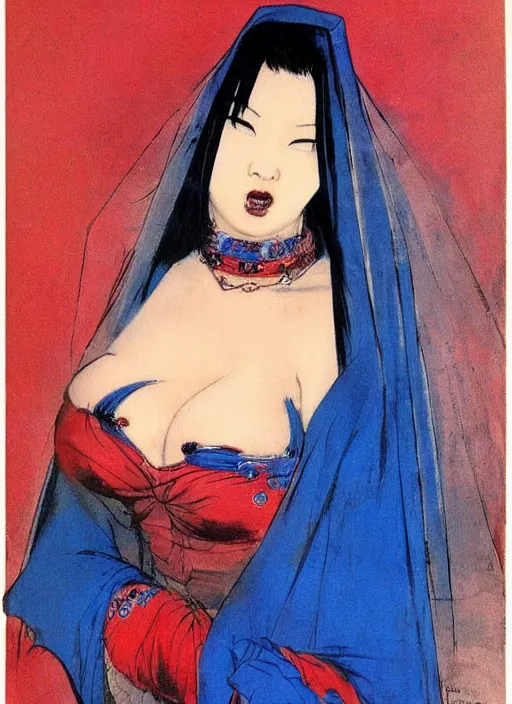 Image similar to portrait of heavyset korean vampiress, jeweled veil, blue and red, strong line, saturated color, beautiful! coherent! by frank frazetta, high contrast, minimalism