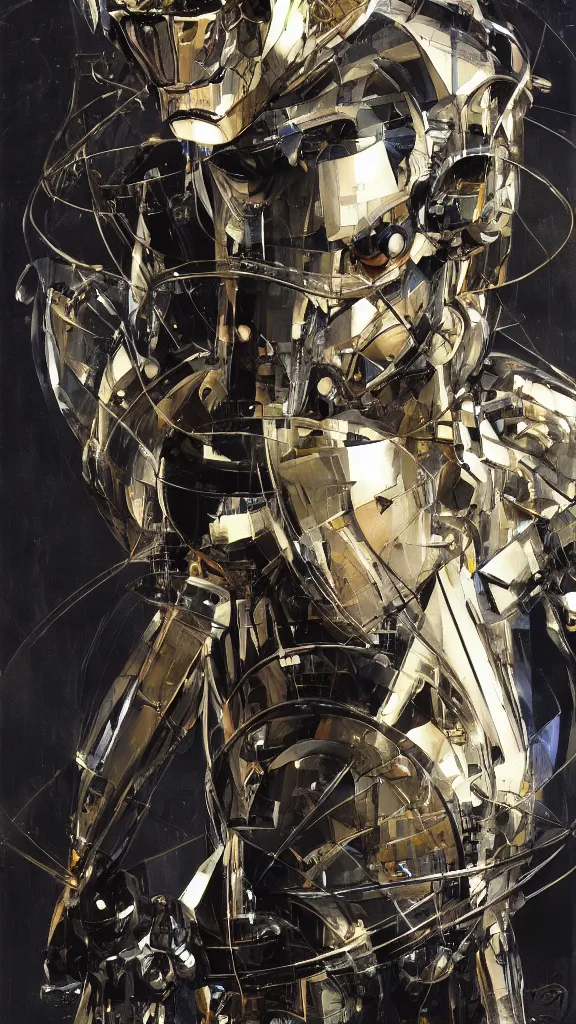 Image similar to a portrait of cyber - dog of sci fi metallic human by yoji shinkawa bright eyes, melancholic complex geometric figure liminal machinery by oskar schlemmer, moebius, john berkey, film grain, oil on canvas, portrait facial head, featured on artstation, hd wallpaper, 8 k