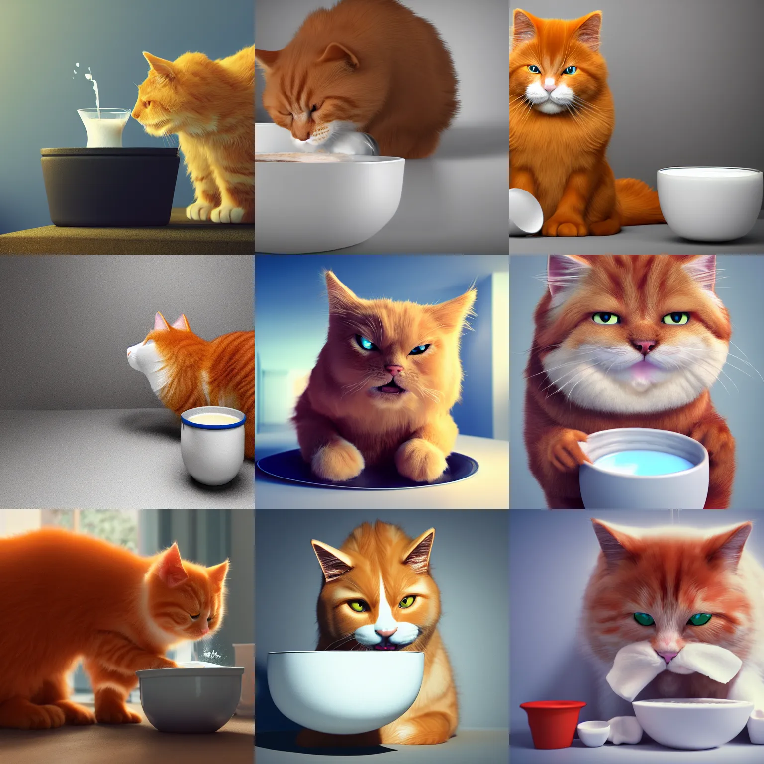 Prompt: cute fluffy fat ginger cat drinking milk from a bowl, digital art, octane render, artstation, 4k