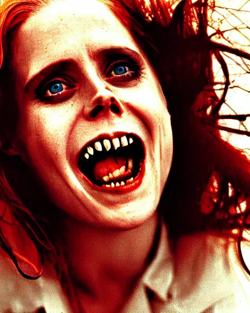 Prompt: style of ralph steadman : : gorgeous vampire amy adams : : sharp teeth fangs, open mouth sneer : : symmetrical face, symmetrical eyes : : gorgeous red hair : : magic lighting, low spacial lighting : :