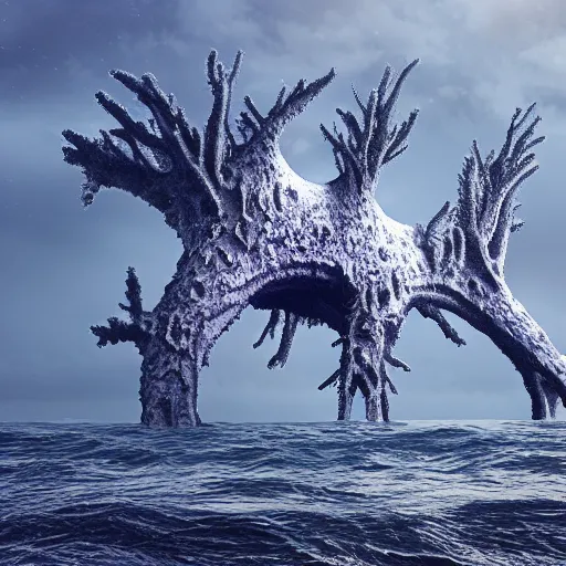 Image similar to dendritic hyperdimensional monster emerging from sea surface, but monster is dendritic